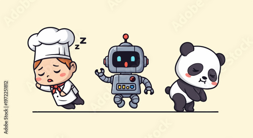 Cute Chef Sleeping, Robot Waving, and Panda Bowing in Adorable Illustration.