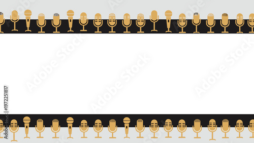 Horizontal border design uses rows of golden microphones to create a professional frame for broadcast or podcasting content.