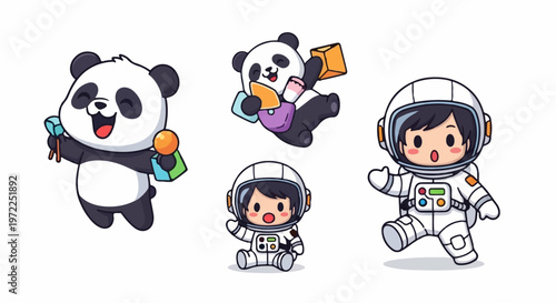 Cute Panda Astronauts Exploring Space with Joyful Expressions and Adventures.
