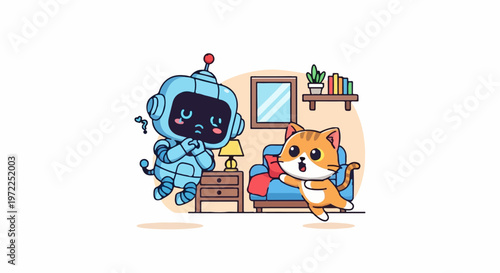 Cute Robot and Cat Interacting in a Playful Cartoon Illustration.