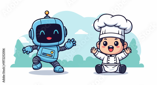Cute Robot Chef and Baby Chef Cartoon Illustration, Happy and Smiling.