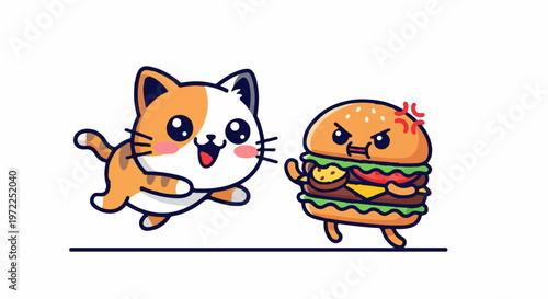 Delightful cartoon cat chasing an angry burger with cute expressions.
