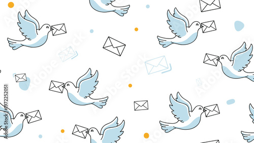 Charming seamless pattern shows carrier pigeons flying with white envelopes on a background with soft dots and shapes.