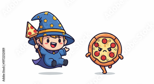 Enchanting Wizard Conjuring Pizza - A Whimsical Cartoon Illustration.