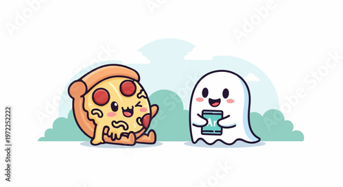 Friendly Pizza Slice and Ghost Character Holding a Phone.
