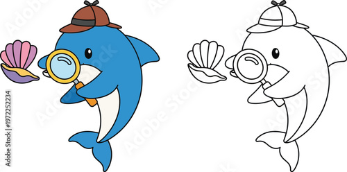 Cute Cartoon Detective Dolphin with Magnifying Glass and Shell Whimsical Vector for Kids and Mystery Themes