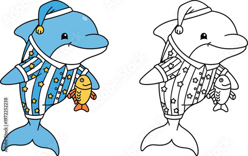 Cute Cartoon Dolphin in Pajamas with a Fish Toy Adorable Vector for Kids Bedtime and Sweet Dreams