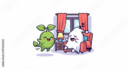 Friendly Plant Creature and Ghost Enjoying a Cozy Indoor Moment.
