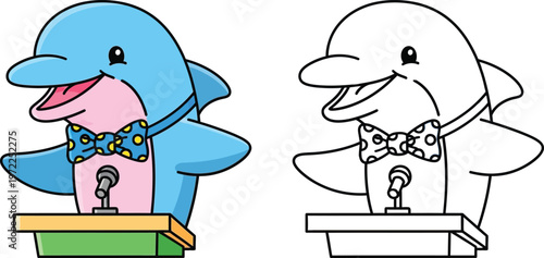 Eloquent Cartoon Dolphin Speaker at Podium with Bow Tie Funny Vector for Presentations and Kids Education