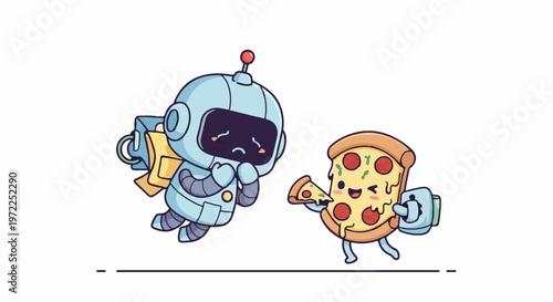 Friendly Robot and Pizza Slice Cartoon Characters Interacting Together.