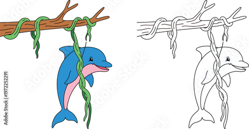 Playful Dolphin Coloring Page Cartoon Dolphin Swinging from Vines on a Branch for Kids Activities