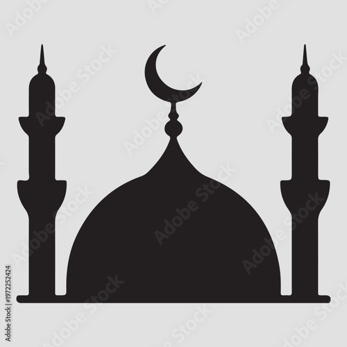 Silhouette of an Abu Dhabi mosque minaret at sunset with domes and skyline in a simple architectural illustration