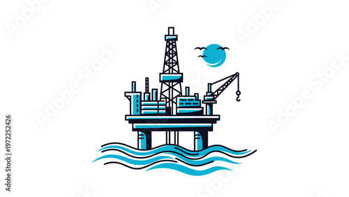 Industrial offshore oil rig platform sits on blue waves with birds and a sun in a stylized blue and white illustration.