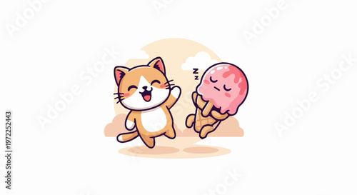 Happy Cat and Sleeping Jellyfish Cartoon Illustration on White Background.