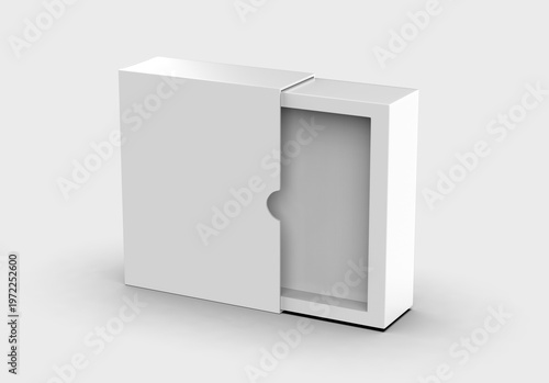 White sliding paper packaging box with thumb cut, pull tab cardboard box with thumb notch on grey background.
