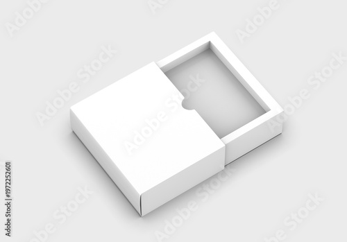 White sliding paper packaging box with thumb cut, pull tab cardboard box with thumb notch on grey background.