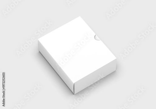 White sliding paper packaging box with thumb cut, pull tab cardboard box with thumb notch on grey background.