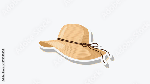 Simple straw sun hat with a wide brim and a delicate brown ribbon tie is perfect for summer vacations and beach trips.