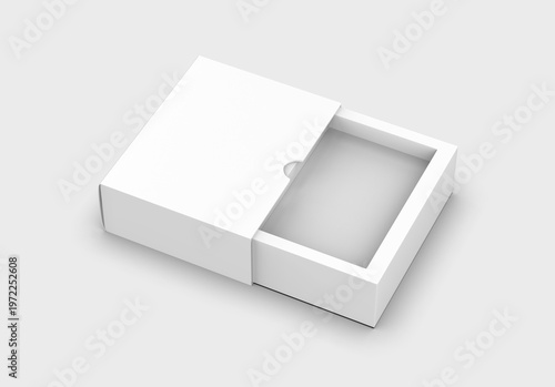 White sliding paper packaging box with thumb cut, pull tab cardboard box with thumb notch on grey background.