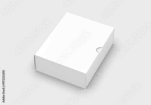 White sliding paper packaging box with thumb cut, pull tab cardboard box with thumb notch on grey background.