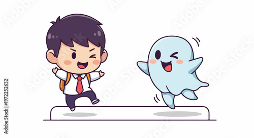 Joyful cartoon boy and ghost characters winking and smiling together.