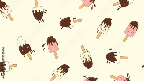 Adorable seamless pattern of cartoon ice cream popsicles with cute smiling faces and chocolate drippings on a cream base.