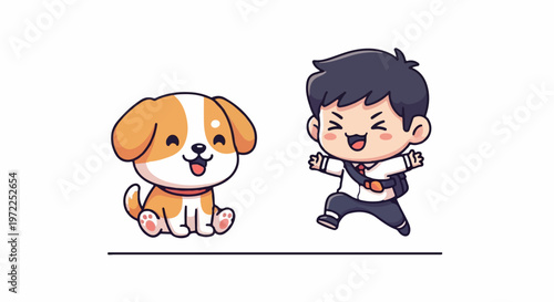 Joyful Cartoon Boy and Puppy Dog Smiling Happily Together.