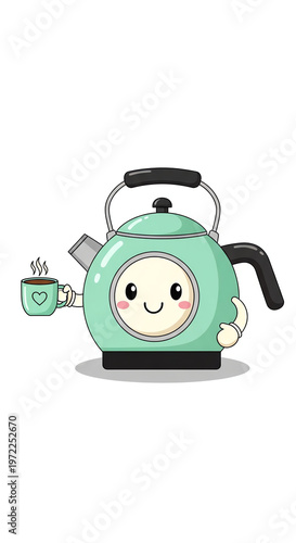 A cheerful green kettle character holding a steaming cup of coffee on a plain white background with a friendly smile.