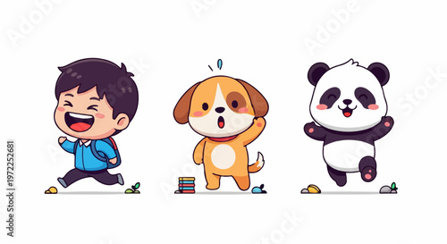 Joyful Cartoon Characters - Boy, Dog, and Panda in Playful Poses.