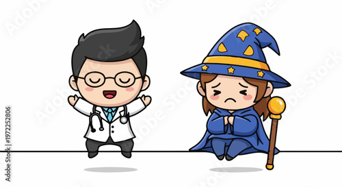 Joyful Doctor and Sad Witch - A Whimsical Illustration.