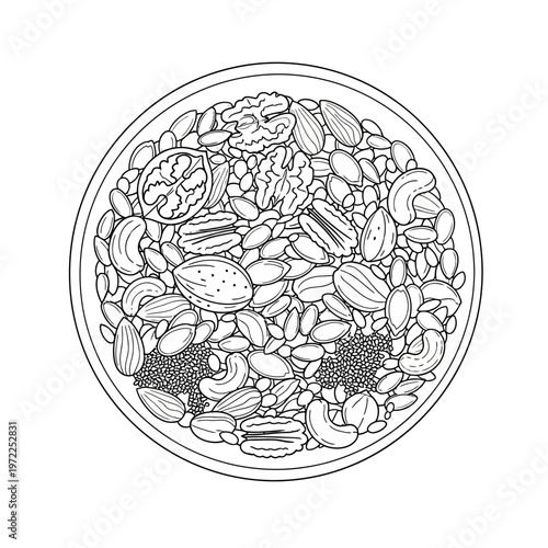 Overhead view of a bowl filled with various healthy nuts and seeds.