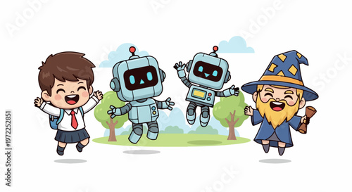 Joyful Group of Friends Celebrating Together with Robots and Wizard.