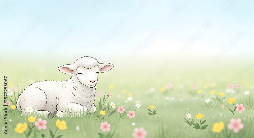 Fototapeta premium A cute white lamb rests peacefully in a vibrant green meadow filled with colorful spring wildflowers under a soft blue sky.