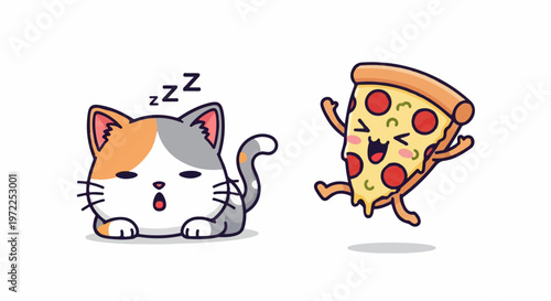 Sleeping Calico Cat and Happy Pizza Slice Cartoon Illustration.