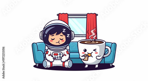 Tired Astronaut Sleeping on Couch with Coffee Cup in Cartoon Style.