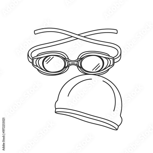 Swimming goggles and cap outline illustration for aquatic sports and activities.