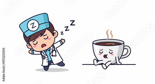 Tired Doctor and Sleepy Coffee Cup Cartoon Characters Resting.