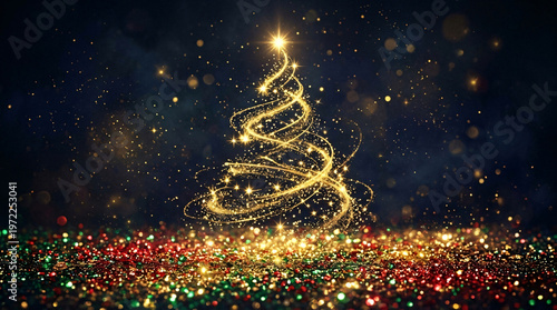 Abstract gold spiral Christmas tree outline formed from thin glowing light trail on deep navy blue background with colorful red green glitter.