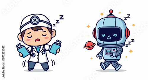 Tired Doctor and Sleepy Robot Walking Together in Dreamland.