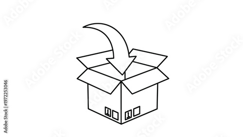 Simple line drawing features an arrow pointing down into an open cardboard box to represent packing or receiving goods.