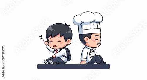 Tired Schoolboy and Chef Resting Back to Back After Work.