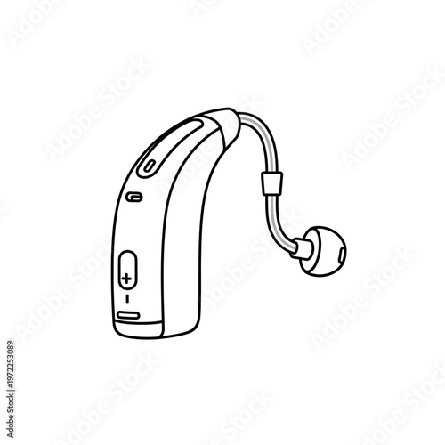Modern hearing aid device with earbud and sound amplification technology in outline.