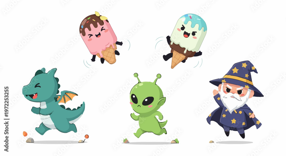 Fototapeta premium Whimsical Cartoon Characters Running and Smiling on White Background.