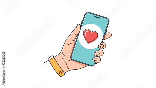 Hand holding a modern smartphone displays a red heart icon on the screen representing social media likes and dating apps.