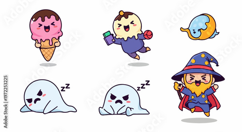 Whimsical Cartoon Characters - Ice Cream, Ghosts, and Wizard in Playful Style.