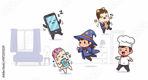 Whimsical Cartoon Characters in Various Professions and Activities.