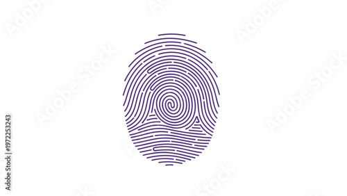 Purple fingerprint illustration on a plain white background provides a detailed biometric identification and security icon.