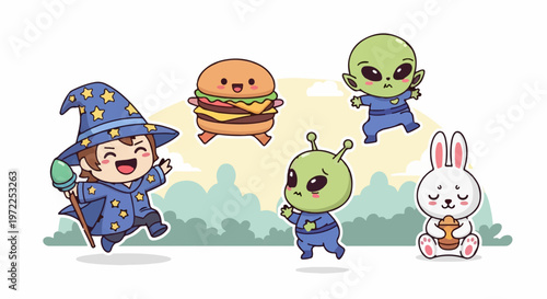 Whimsical Cartoon Characters - Wizard, Burger, Aliens, and Bunny.
