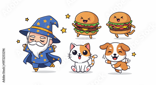 Whimsical Cartoon Characters - Wizard, Burgers, Cat, and Dog.