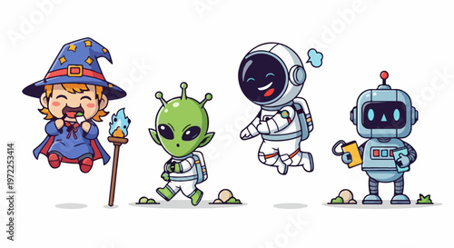Whimsical Characters - Wizard, Alien, Astronaut, and Robot in Playful Illustration.